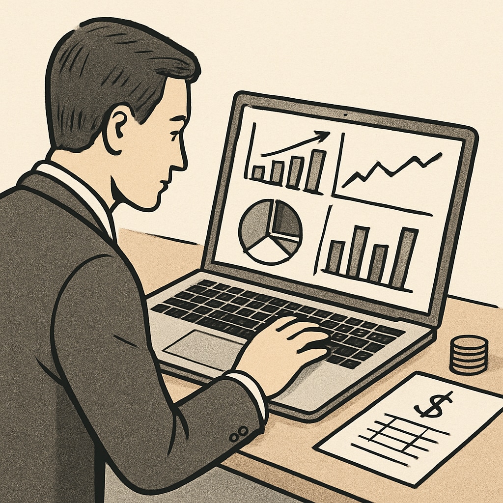 A professional analyzing business data charts on a laptop, symbolizing the integration of analytics and finance. Business professional analyzing data charts for financial trends.