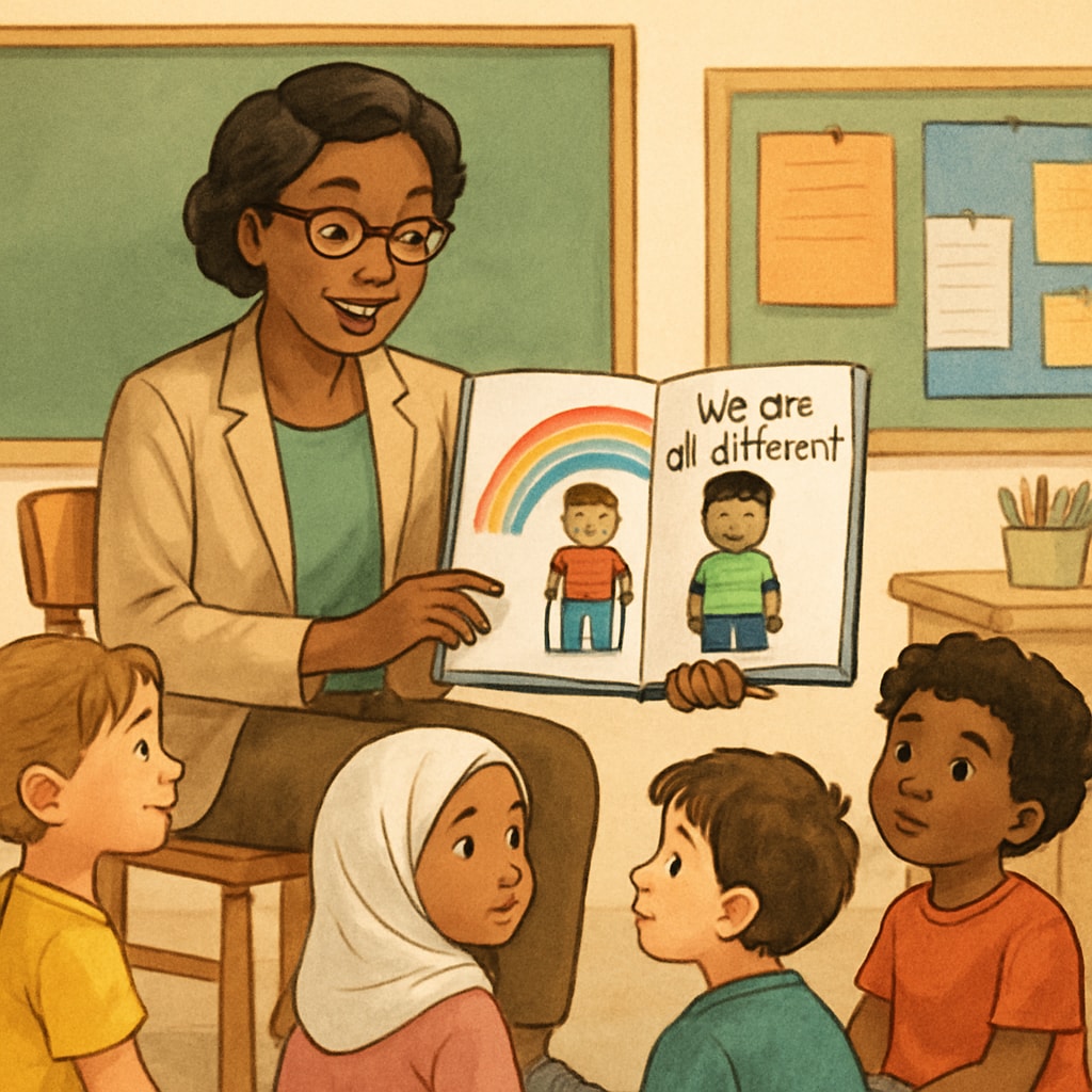 A teacher reading an illustrated book to young students, fostering discussions on inclusion. Teacher reading a book to first graders about inclusion and fairness.