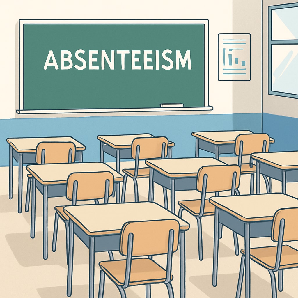 A classroom with empty desks, symbolizing absenteeism and its impact on education. Empty classroom desks, representing the issue of absenteeism in schools.