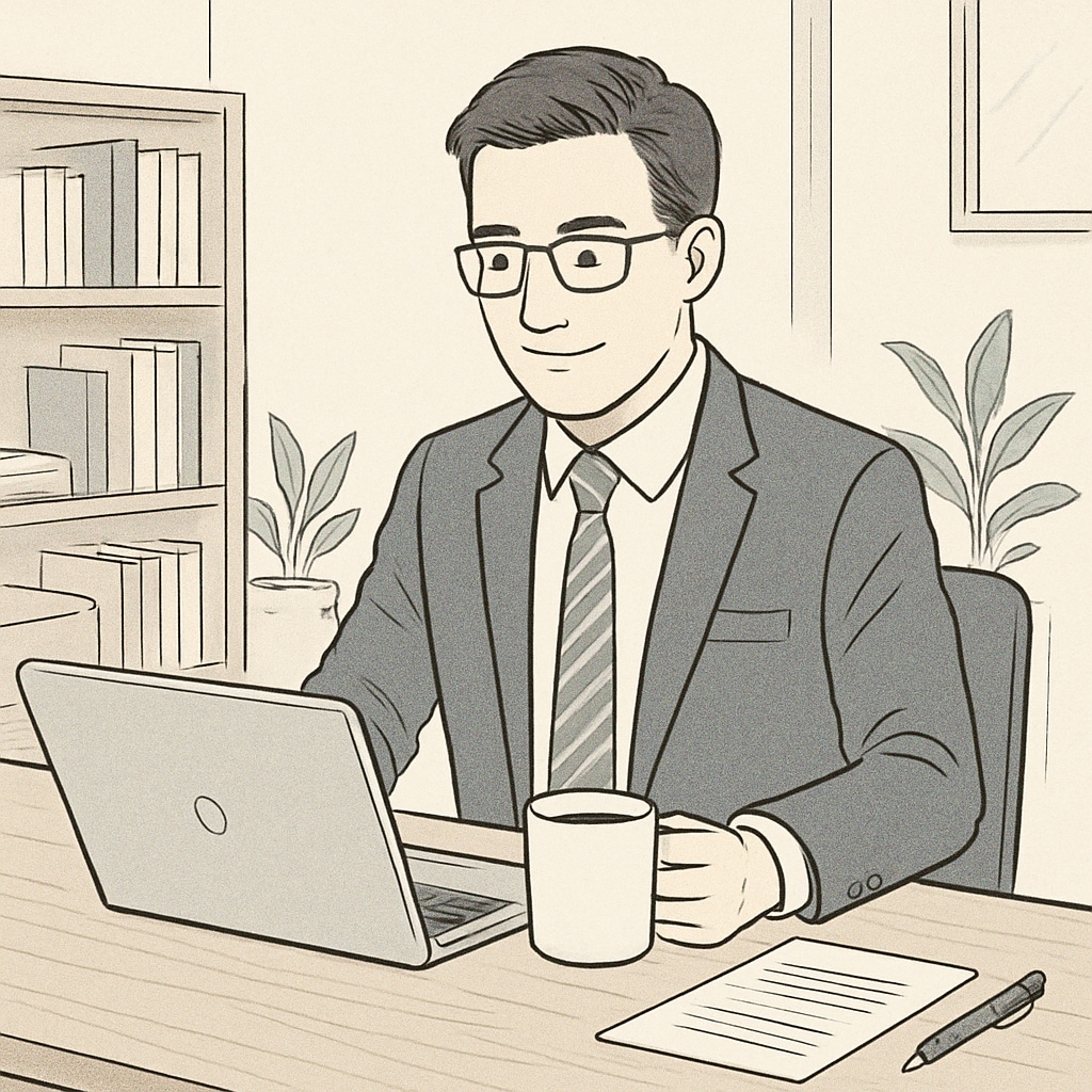A business professional working remotely, balancing a laptop and a cup of coffee in a home office setting. Business analyst enjoying work-life balance while working remotely.