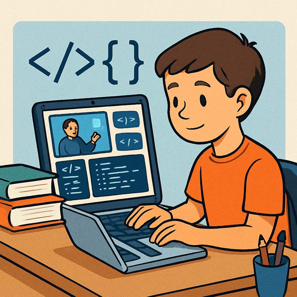 A young student attending an online coding bootcamp, representing career exploration in IT. A student learning coding online, relevant to IT career planning.