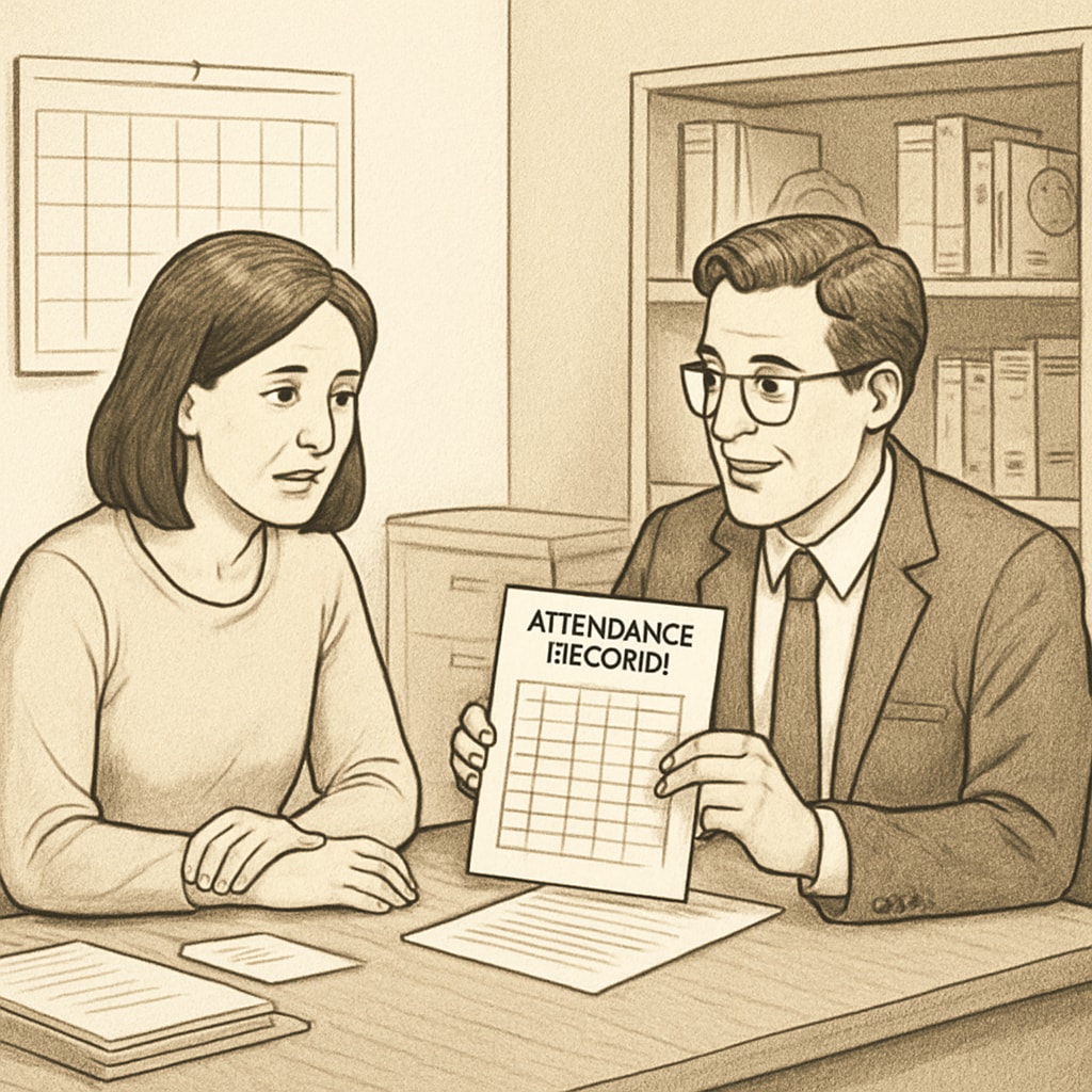 A parent and teacher discussing a child’s attendance record in a school office, illustrating collaboration. Parent and teacher in conversation about school attendance policies.