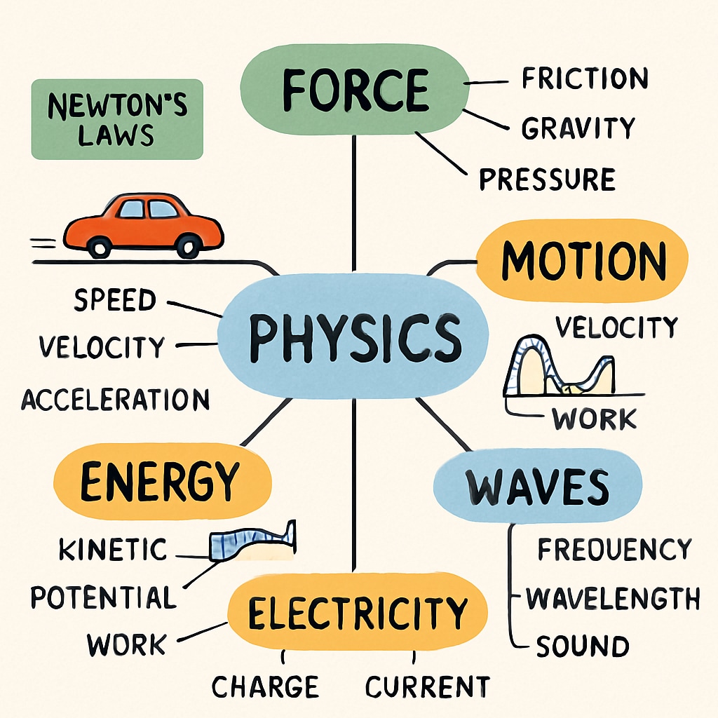 A mind map illustrating physics concepts such as force, motion, and energy to highlight effective study techniques. Physics mind map with key topics like force, motion, and energy for exam preparation.