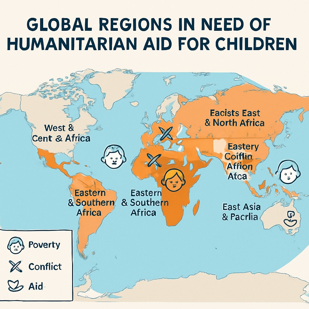 A map illustrating global regions in need of humanitarian aid for children, including areas affected by conflict and poverty. A map showing regions requiring humanitarian assistance for children's education and welfare.