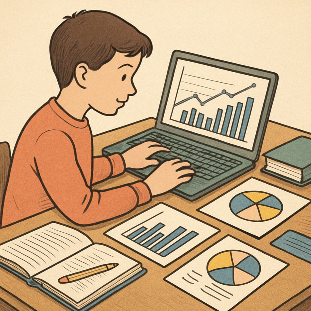 A student using a laptop to analyze data during a school project, demonstrating early exposure to business analytics concepts. Student analyzing data on a laptop in a classroom setting as part of an early business analytics curriculum.