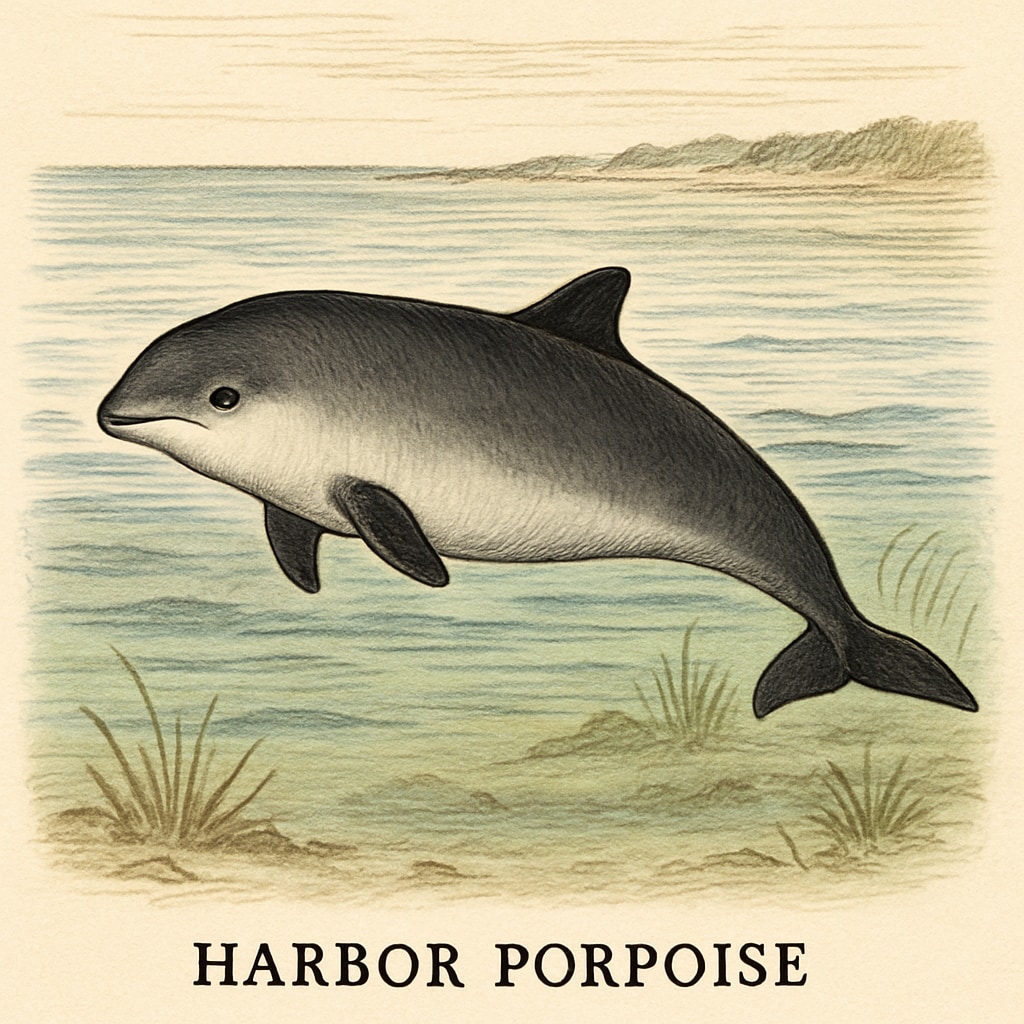 A harbor porpoise gracefully swimming in shallow coastal waters, showcasing its rounded head and small size. Harbor porpoise swimming in shallow waters, showcasing unique features.