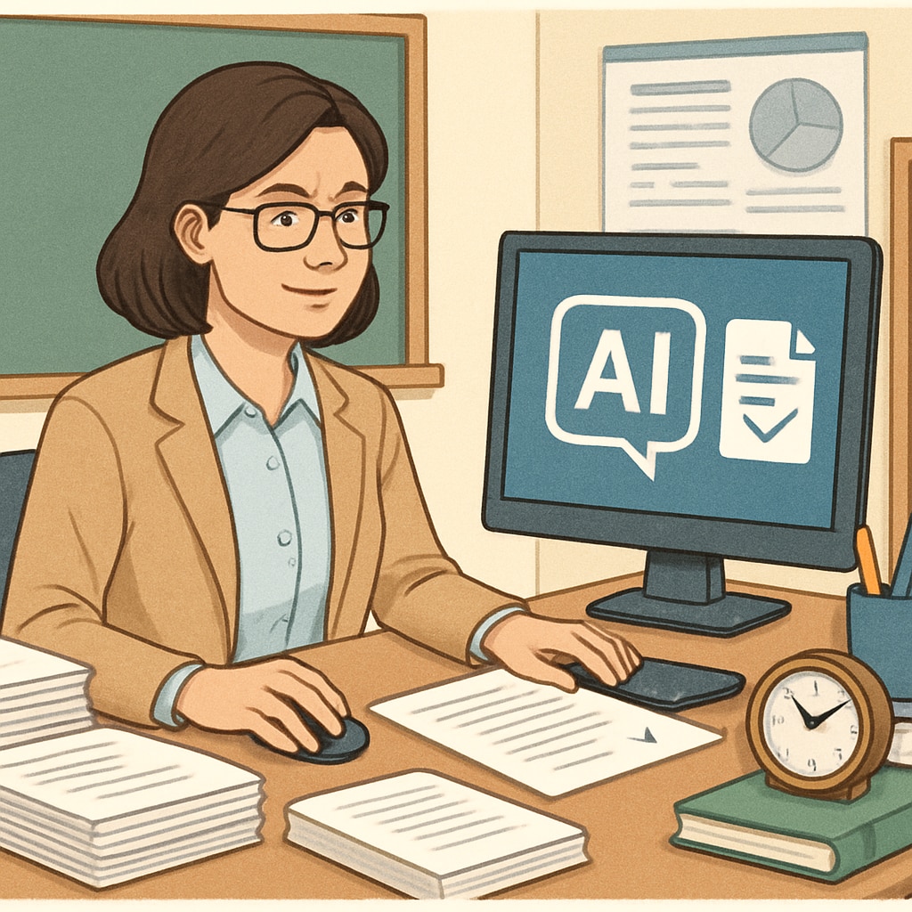 A teacher using an AI-powered platform to grade papers efficiently, showcasing the integration of AI in reducing manual tasks. Teacher using AI to grade papers and reduce workload.