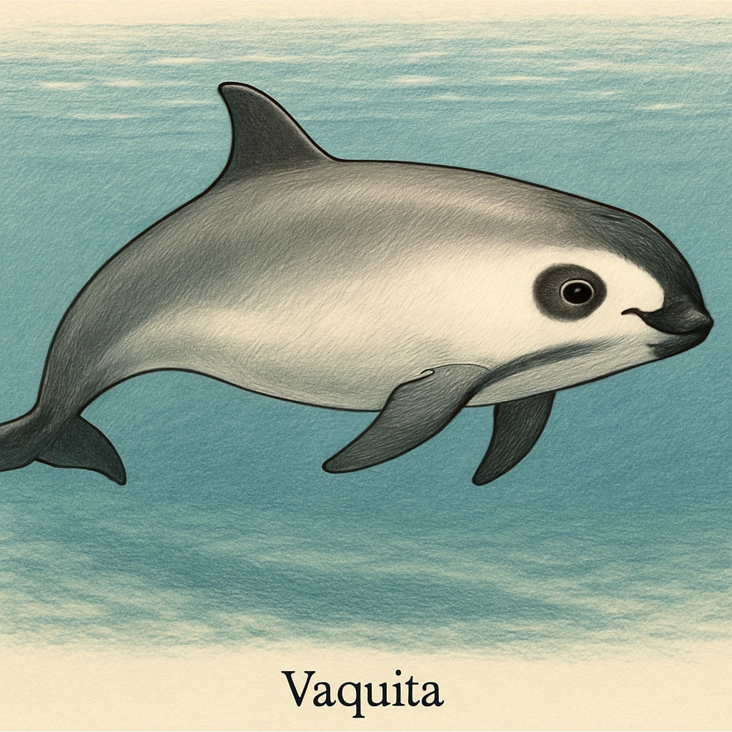 A vaquita in its natural habitat in the Gulf of California, displaying its unique black facial markings. Vaquita in the Gulf of California, highlighting its endangered status.