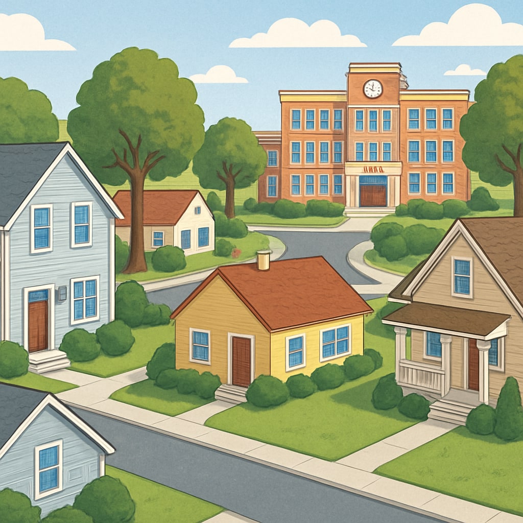 A suburban neighborhood with homes located near a high-ranking school district, ideal for family living. Suburban homes in a top-ranking school district with family-friendly features.