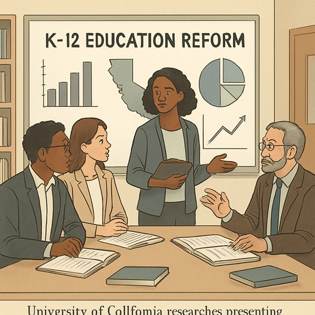 A group of University of California researchers presenting findings relevant to K12 education reform. University of California researchers discussing K12 education reform strategies.
