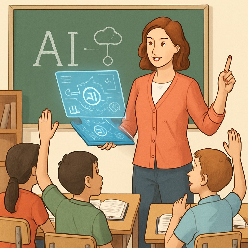 A classroom scenario where a teacher balances AI tools with personal interaction, emphasizing the human element in education. Teacher balancing AI tools with personal teaching in a classroom.
