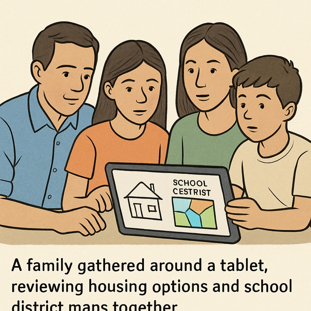A family reviewing housing options and school district maps on a tablet, symbolizing thoughtful decision-making. A family researching housing and school districts on a digital device.