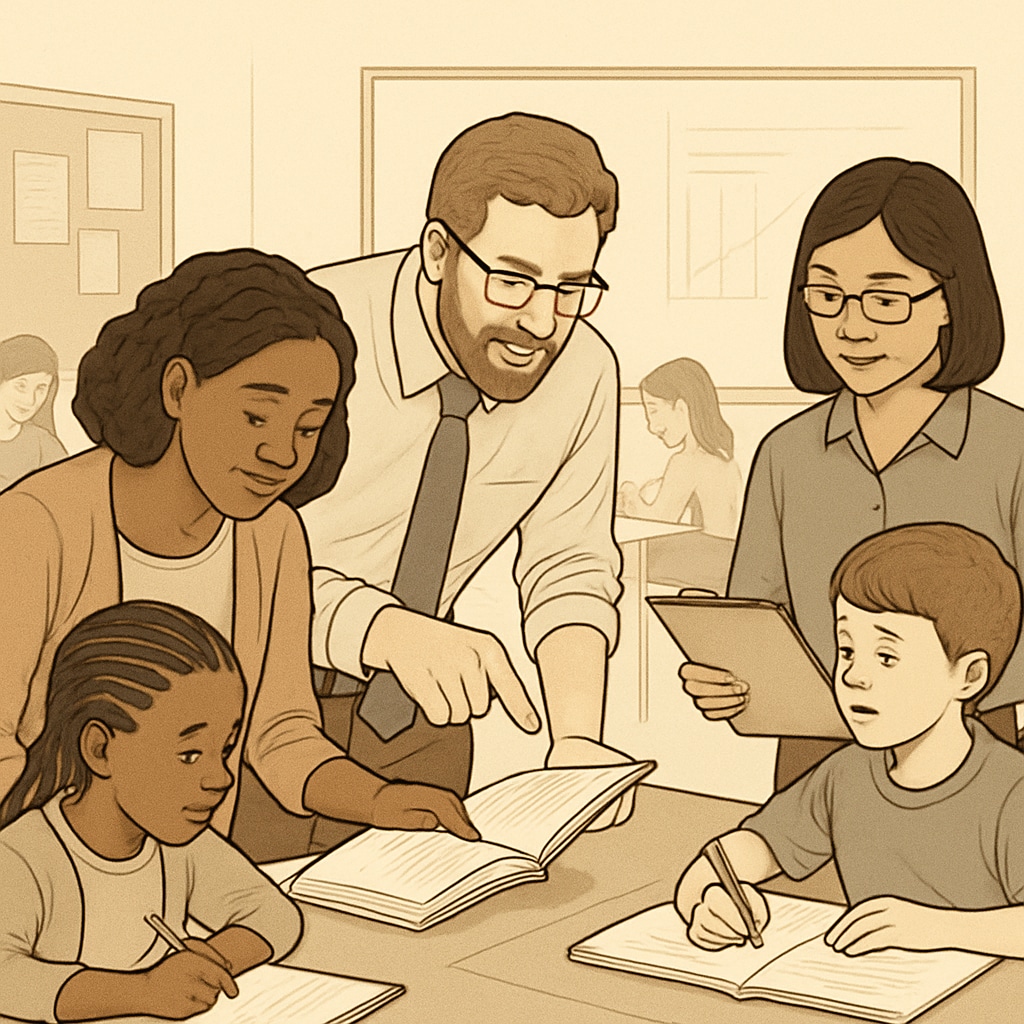 A diverse group of K12 teachers in a classroom, applying research-based strategies. K12 teachers implementing strategies derived from University of California research.