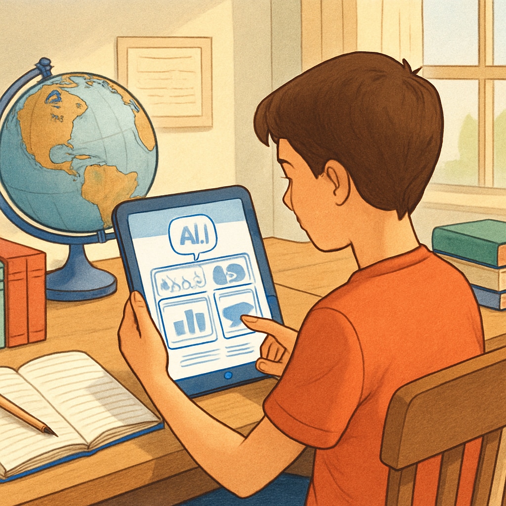 A student using an AI-powered learning platform on a tablet at home, emphasizing personalized learning. K12 student utilizing an AI subscription service on a tablet for academic support.