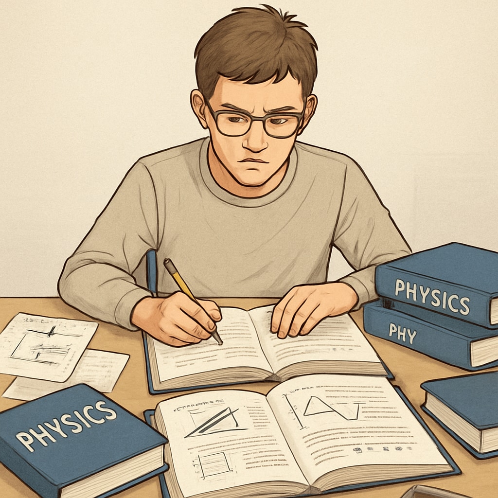 A student sitting at a desk surrounded by physics textbooks and notes, demonstrating focus and determination. A student studying BSc Physics backlogs with a strategic approach, focusing on time management and a final attempt.