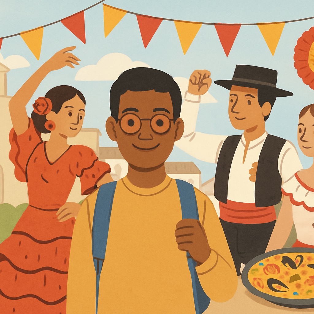 An international student participating in a cultural festival in Spain, surrounded by traditional Spanish costumes and decorations. International student celebrating Spanish culture at a local festival.