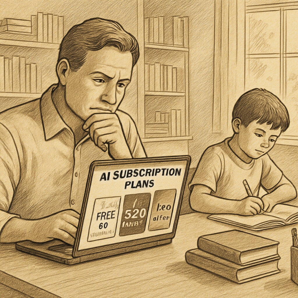 A parent reviewing AI subscription plans on a laptop while their child studies nearby, symbolizing budgeting for education. Parent evaluating AI subscription services for K12 learning on a laptop with their child.