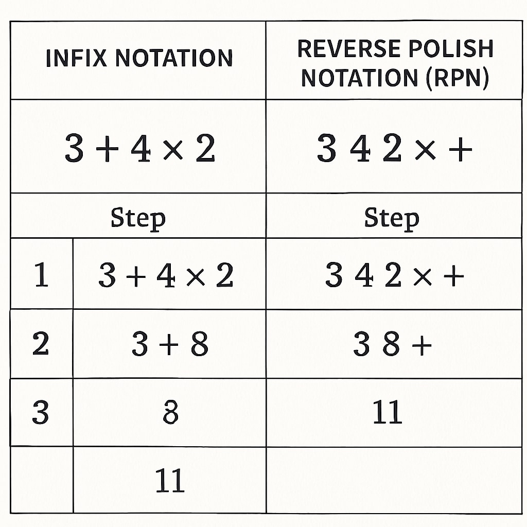 A technical illustration showing the comparison of infix and Reverse Polish Notation in a math calculation. A visual representation comparing infix notation and Reverse Polish Notation for math calculations.