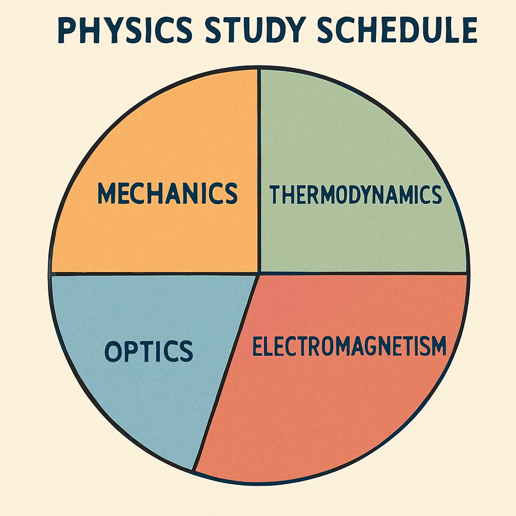 A diagram or chart breaking down time allocation for studying physics topics, highlighting a balanced schedule. A time management chart for clearing BSc Physics backlogs and preparing for a final attempt.