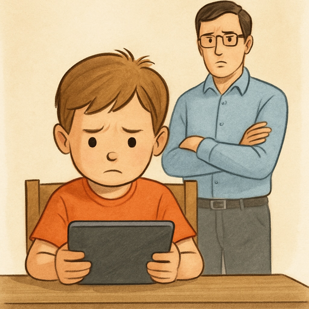 A young child using a tablet with a concerned parent observing in the background, symbolizing the need for parental oversight in technology use. Child using a tablet as a parent monitors, highlighting the importance of parental regulation in technology use.