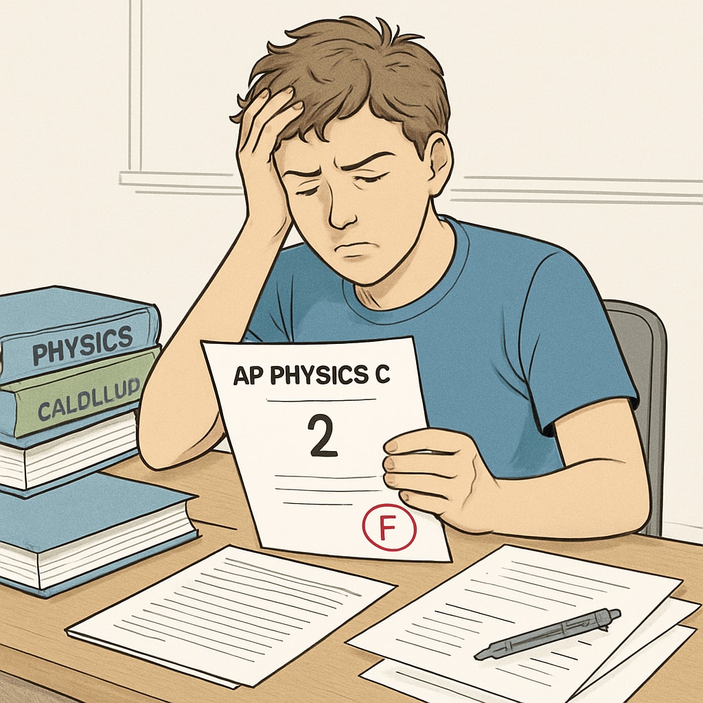 A frustrated student reviewing their AP Physics C exam results at a desk, symbolizing the challenges faced during grading disputes. AP Physics C grading disputes exam errors and student frustration.