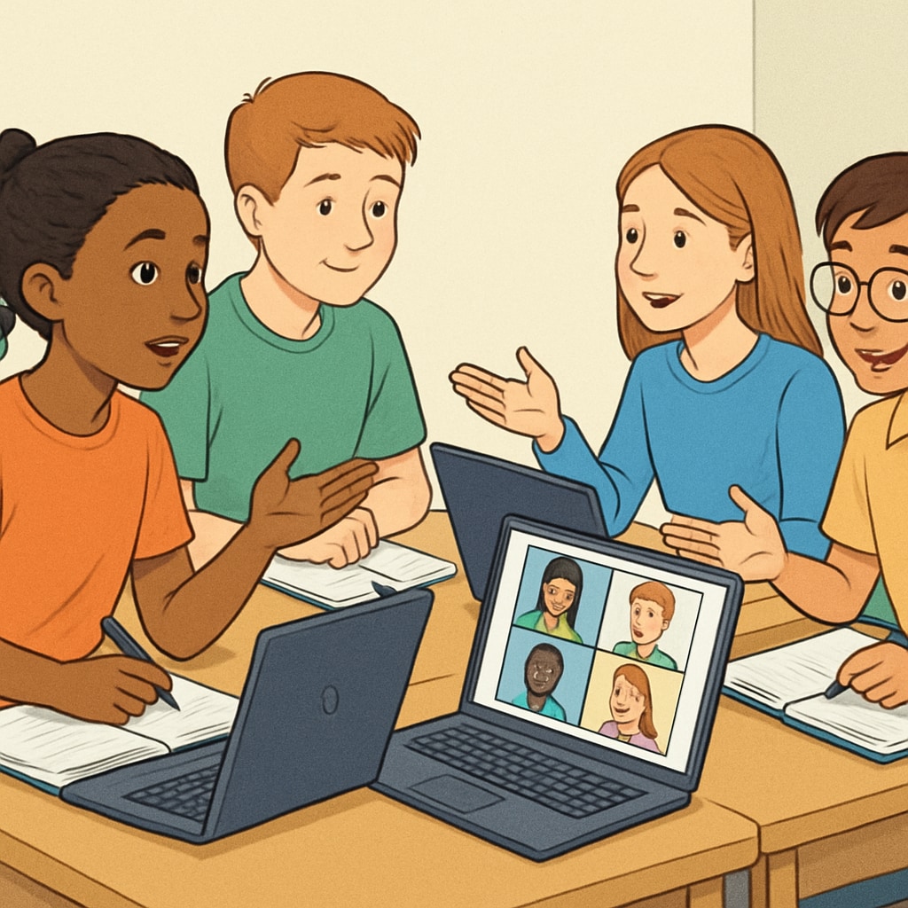 Homeschooling students collaborating through virtual discussions in Khan World School program