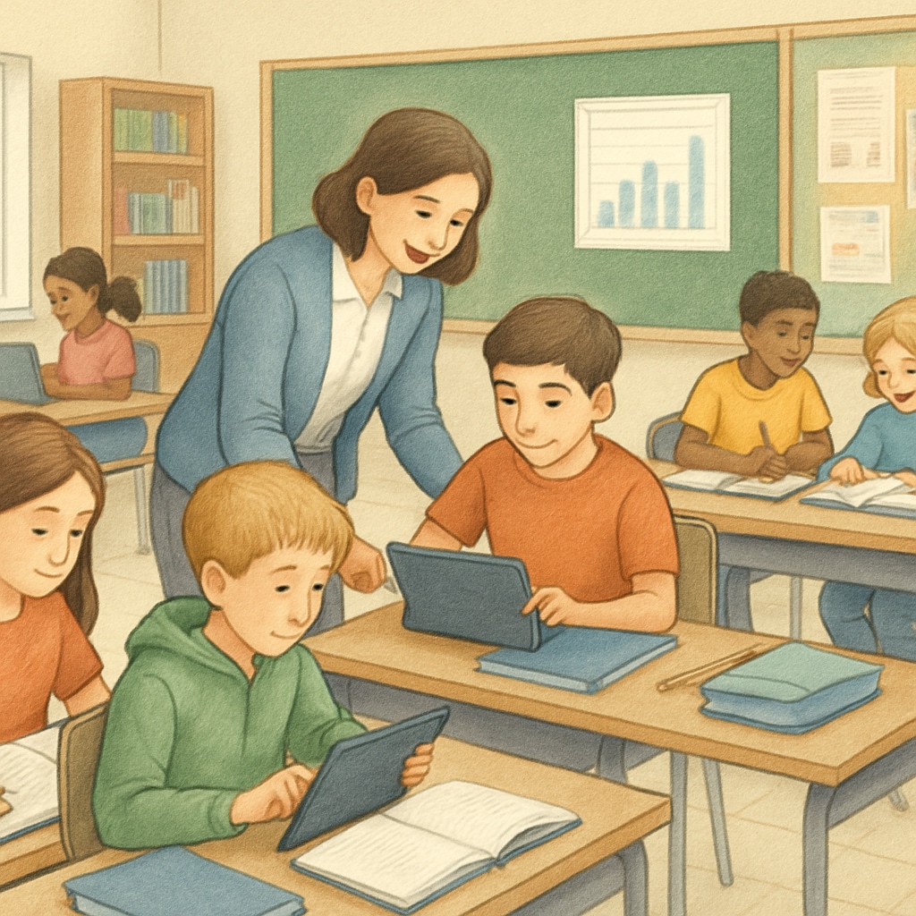 A classroom where students are engaging in both digital and non-digital activities, representing a balanced approach to technology in education. Students in a classroom participating in both screen-based and hands-on activities.