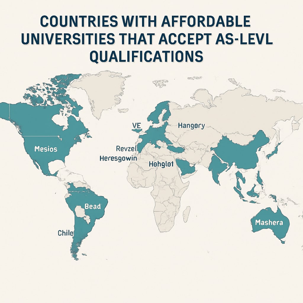 A map highlighting countries with affordable universities that accept AS-level qualifications. Map showing countries with affordable AS-level university options.