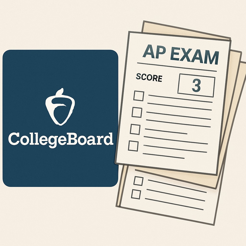An image showing the College Board logo alongside exam papers, representing the organization responsible for AP exam scoring and appeals. AP Physics C College Board grading disputes and appeals process.