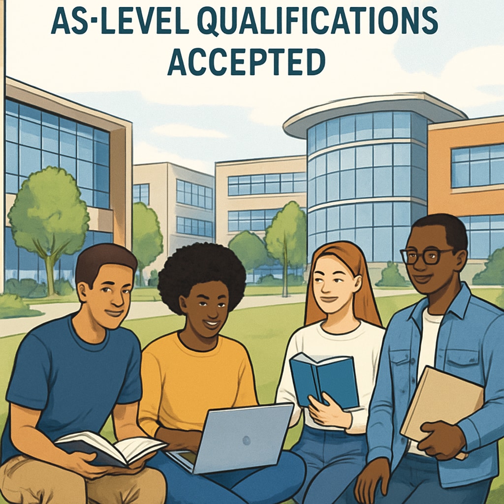 Students studying at an affordable university campus that accepts AS-level qualifications. International students on a budget-friendly university campus.