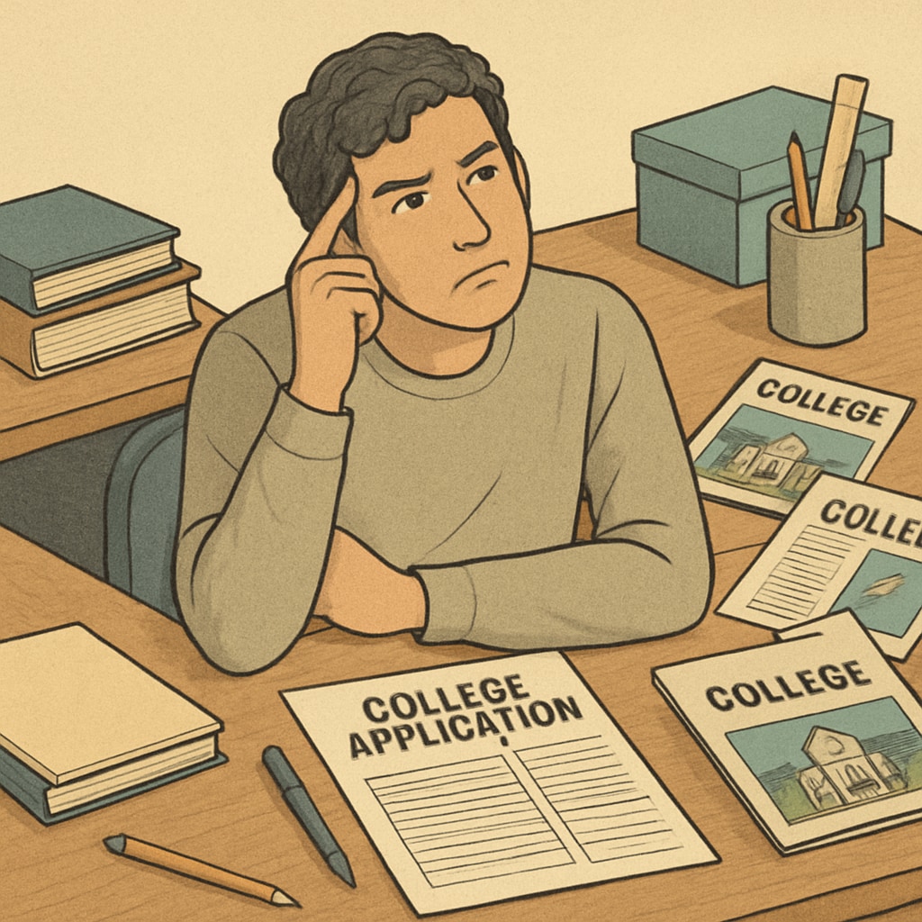 A student sitting at a desk surrounded by college application forms and brochures, conveying the complexity of the application process. College applications and forms surrounding a stressed student