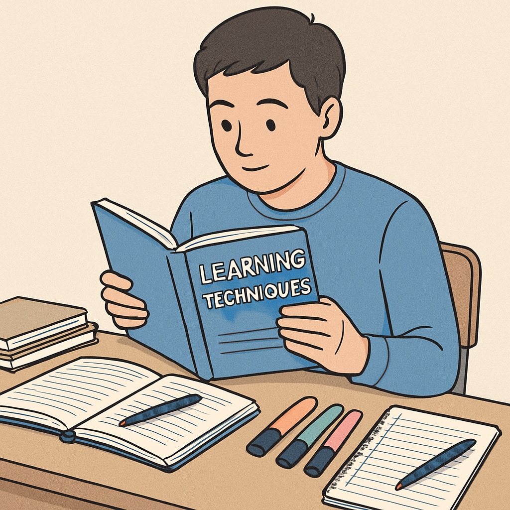 A K12 student exploring a book on learning techniques, surrounded by study materials.