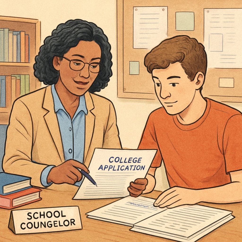A school counselor helping a student review their college application documents, symbolizing the value of expert guidance. Student and counselor reviewing college application materials