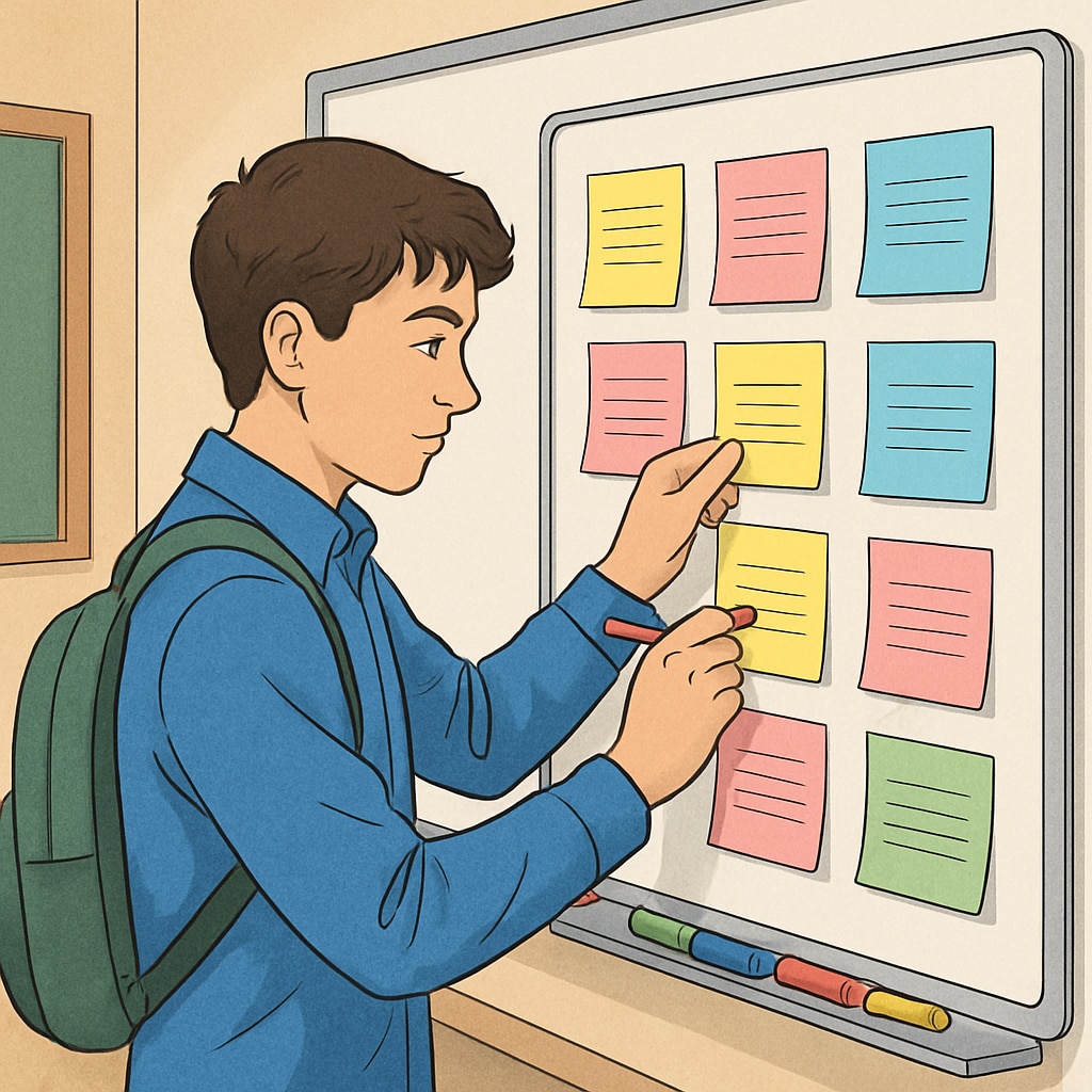 A student using colorful markers to create a mind map on a whiteboard.