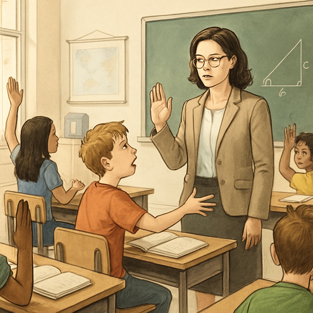 A classroom with students engaging in a lesson, while a teacher calmly addresses a disruptive student. Classroom with students and teacher addressing a disruptive student, emphasizing behavior correction.