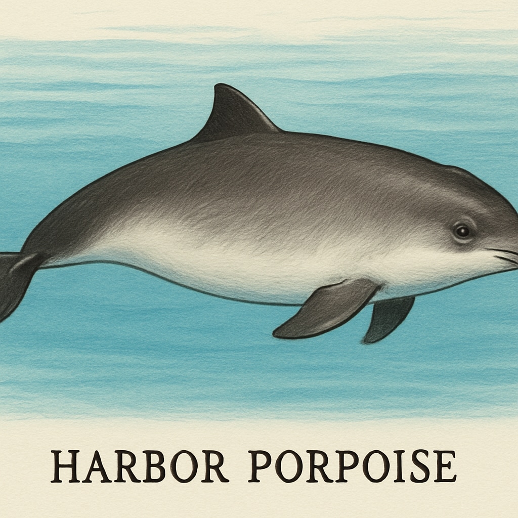 A harbor porpoise swimming in clear blue waters, showcasing its compact body and triangular dorsal fin. Harbor porpoise in clear blue waters, a key species in porpoise classification.