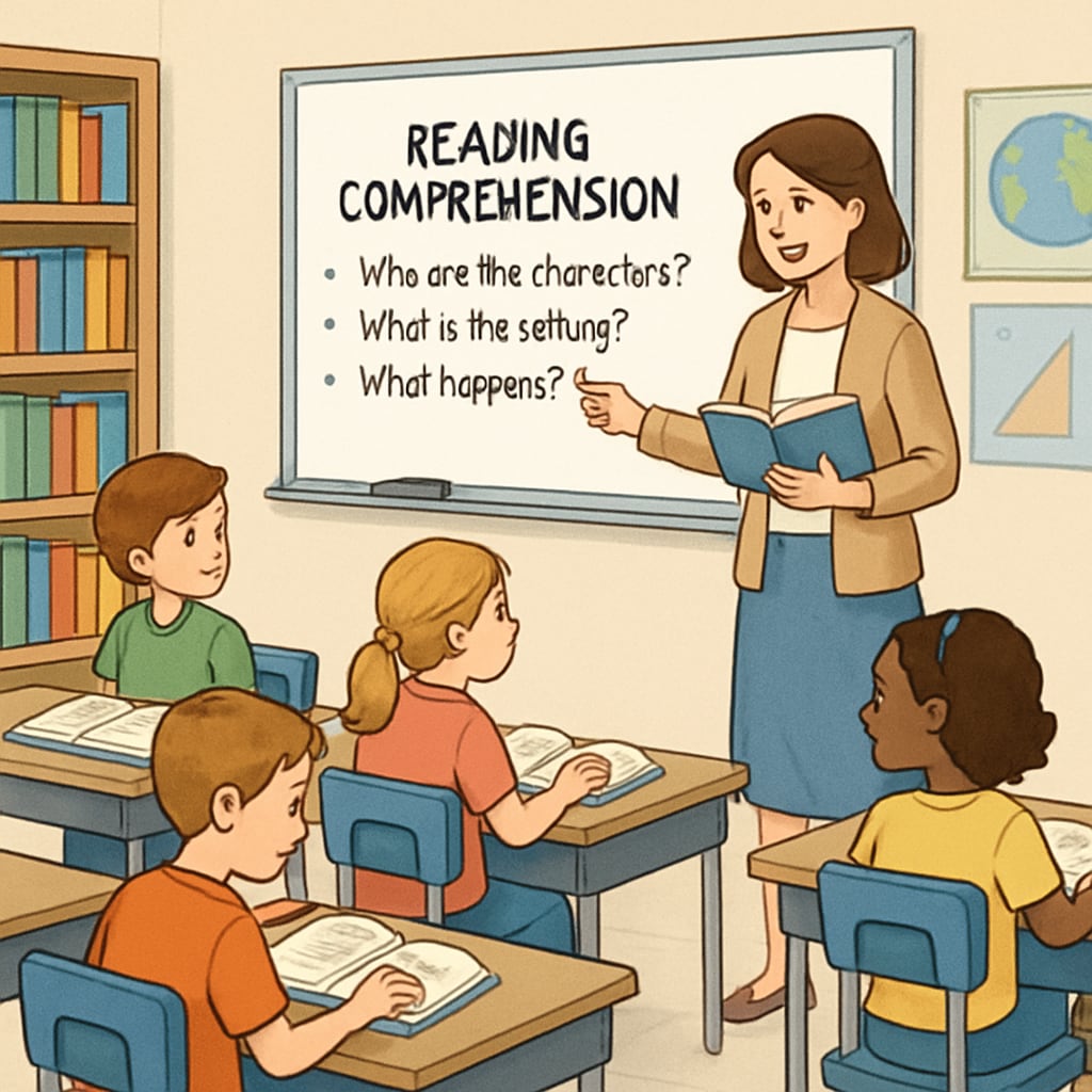 A teacher guiding elementary students through a reading comprehension activity in a classroom setting. Teacher leading an elementary ELA class focused on reading comprehension methods.