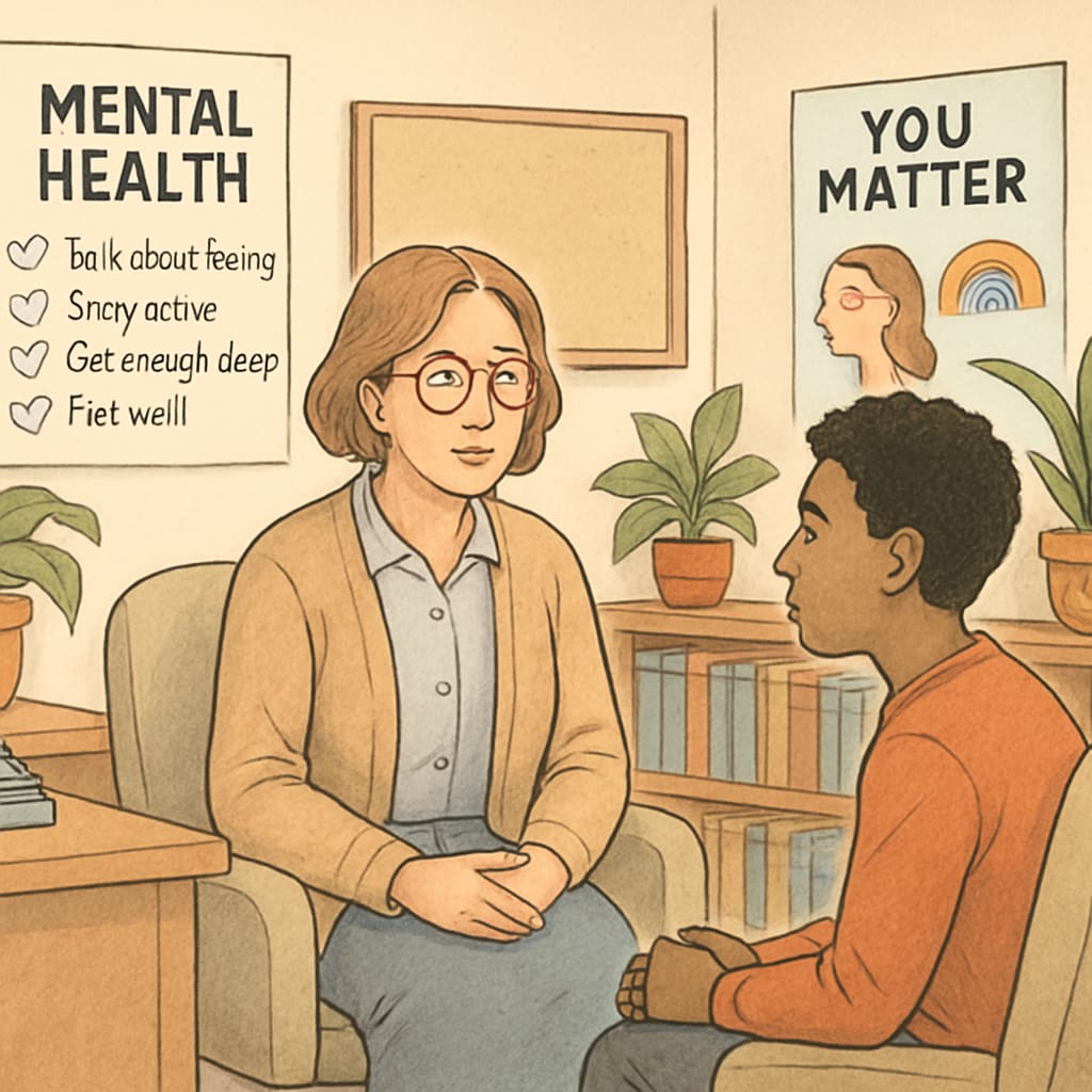 A school counselor talking with a student in a calming environment, emphasizing mental health support. School counselor providing mental health support to a student in a quiet setting.