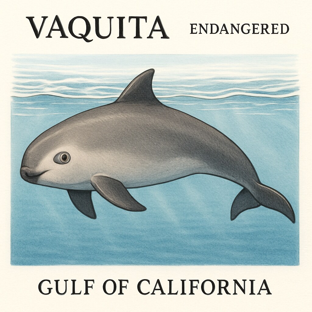 A vaquita swimming near the surface of the Gulf of California, highlighting its endangered status. Vaquita in the Gulf of California, an endangered porpoise species.