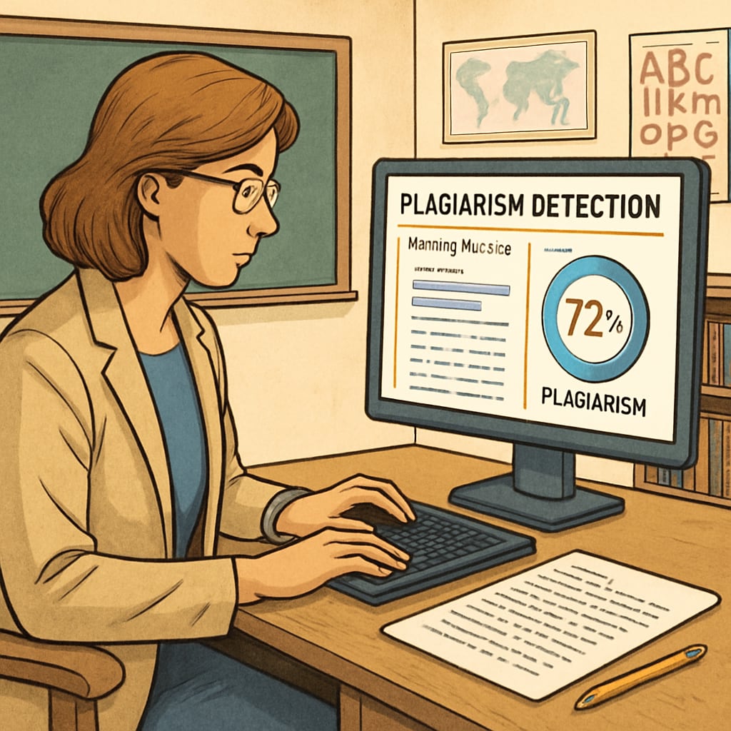 A teacher using a computer to analyze a student's writing process with a plagiarism detection tool. Teacher analyzing a student's writing with a plagiarism detection tool.
