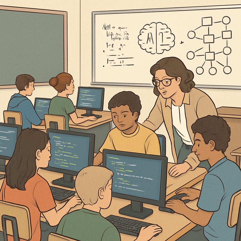 High school students learning AI and coding in a classroom.