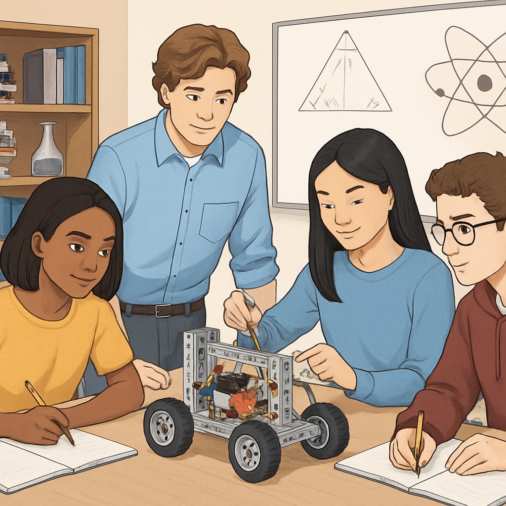 High school students collaborating on a STEM project in a classroom.