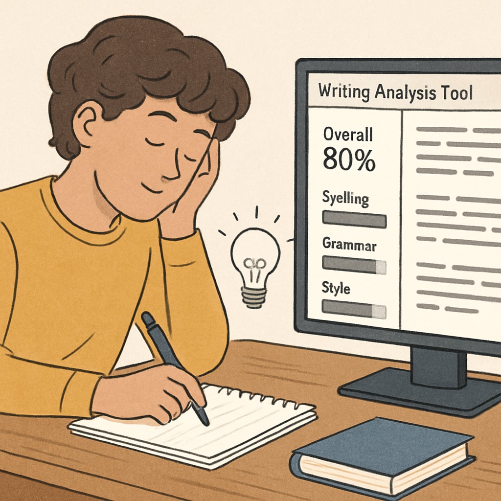 A student brainstorming ideas on a notebook while a computer screen displays a writing analysis tool. Student brainstorming while using a writing analysis tool.