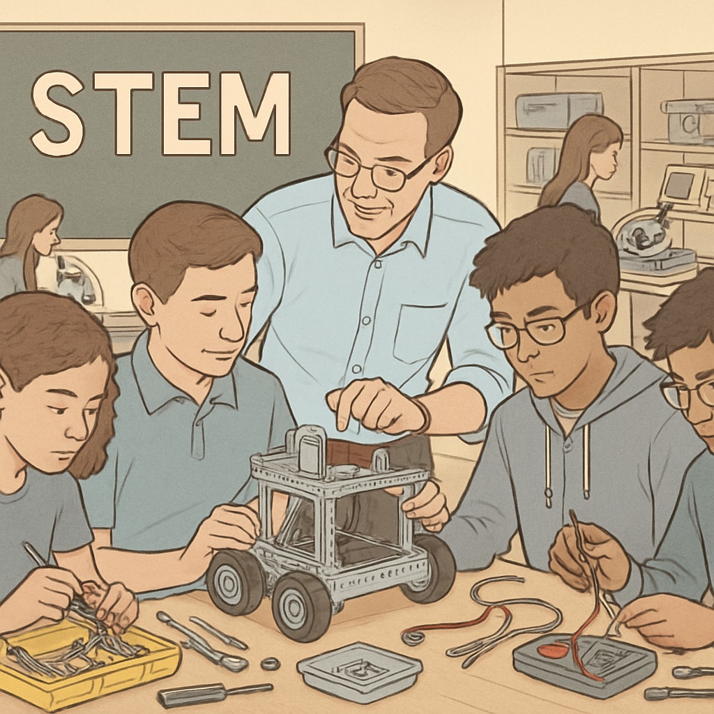 High school STEM lab with teacher and students working on a robotics project.