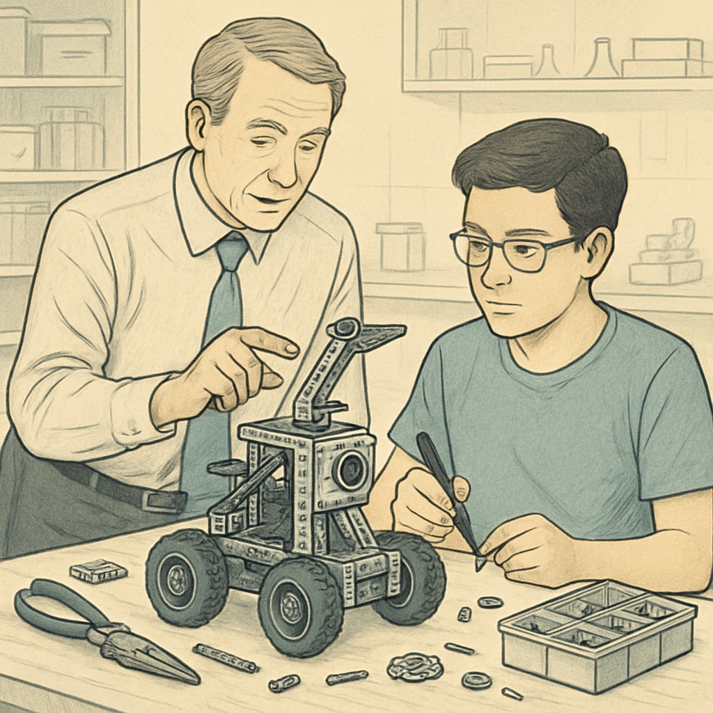 Mentor helping a student with a STEM robotics project.