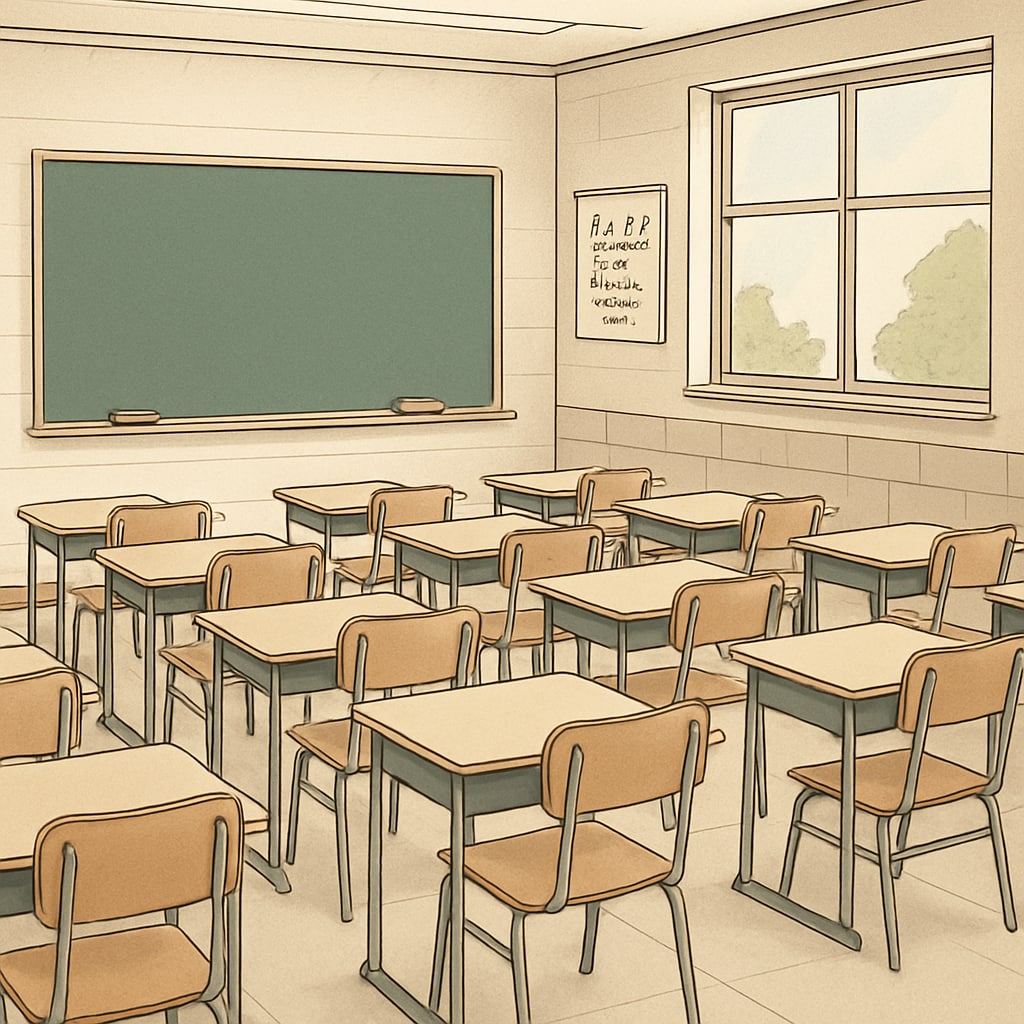 Empty classroom highlighting special needs students' school transfer delays.