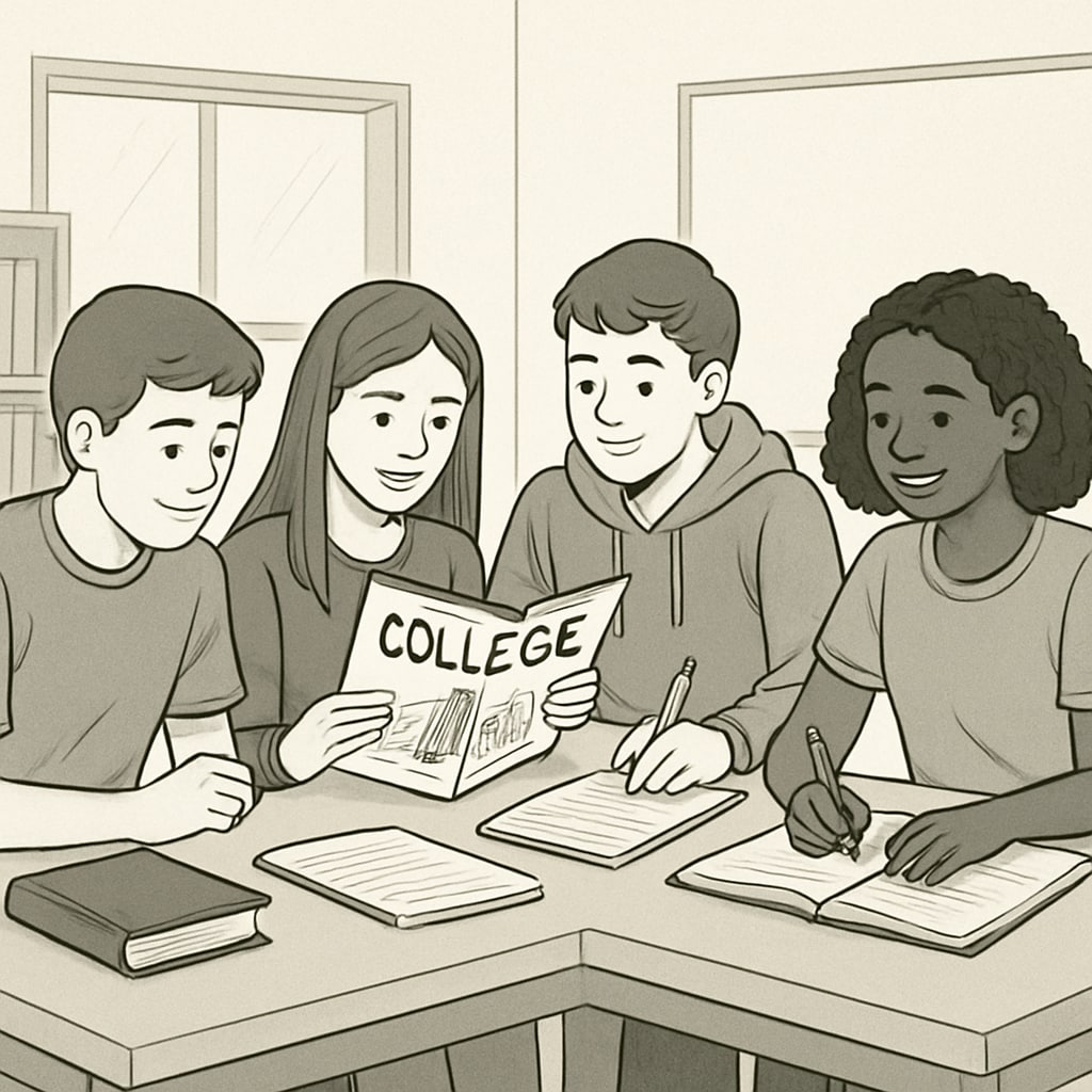 High school freshmen discussing college applications.