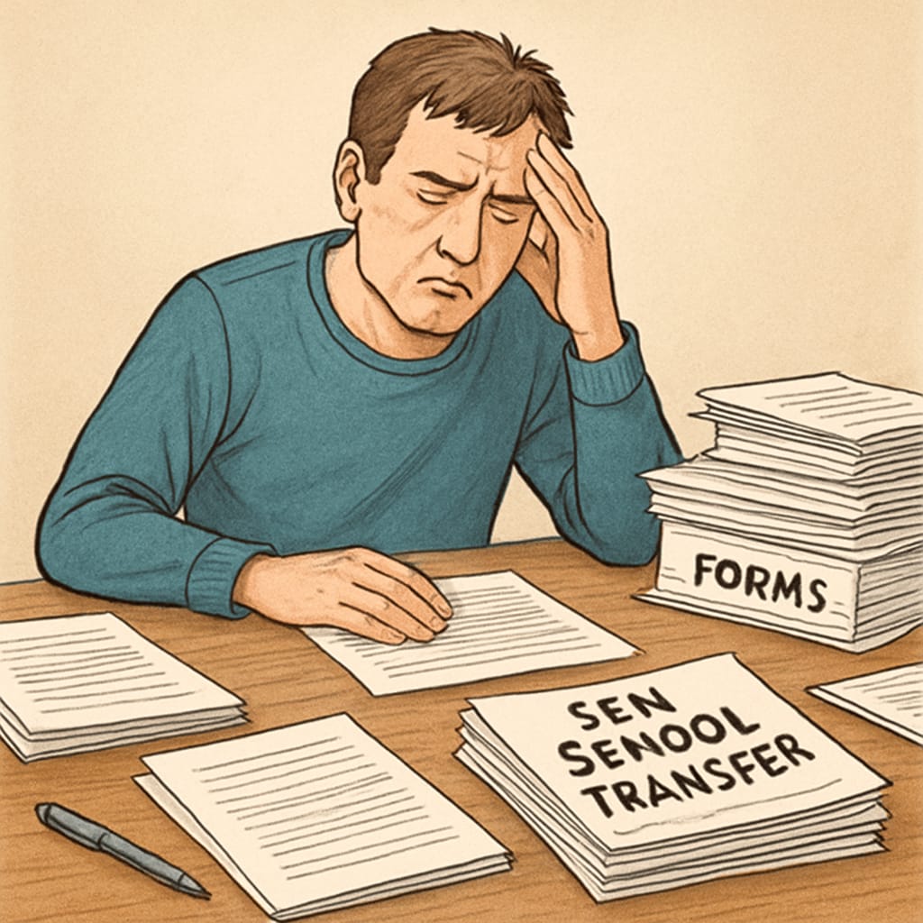 Parent dealing with paperwork delays in special needs school transfers.