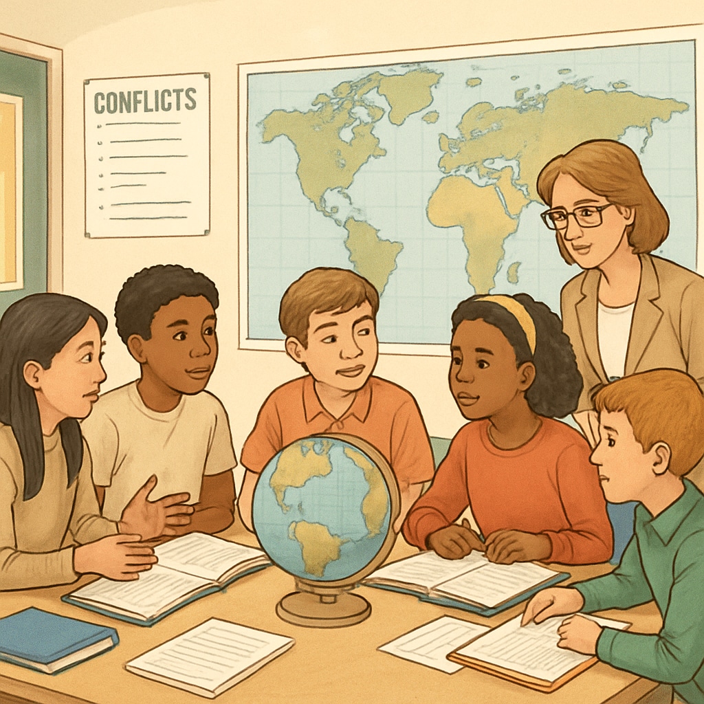 Students discussing global conflicts in a classroom, focusing on education and empathy.