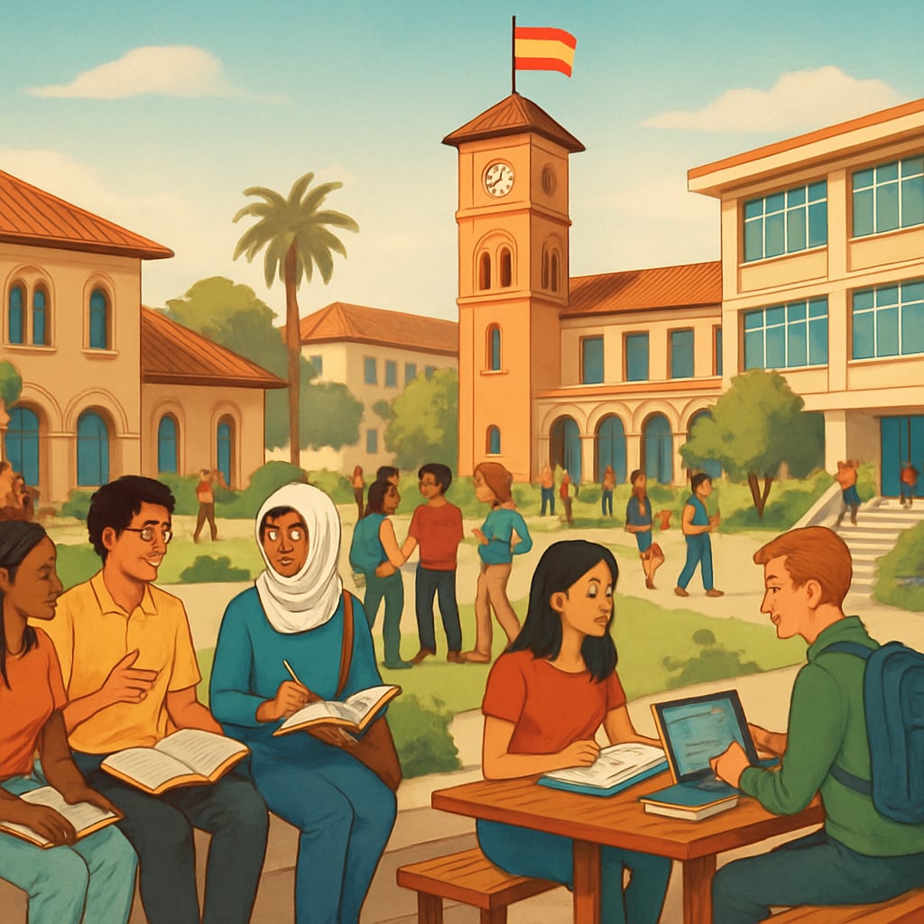A university campus in Spain with international students discussing and collaborating, symbolizing cultural adaptation.